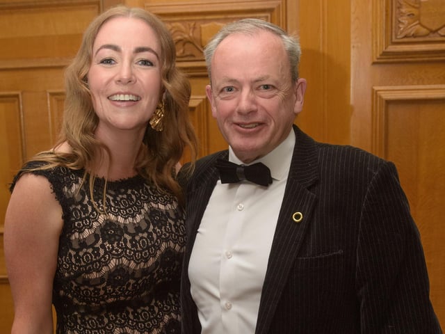 The Mayor Councillor Patricia Logue hosted the annual Mayor’s Ball in the Guildhall in aid of her crossed Charities the Foyle Hospice and Ryan McBride Foundation. Pictured at the event are guests, Councillor Grace Nelis and Anton O’Farrell. Picture Martin McKeown. 24.05.24