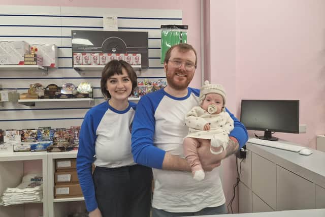 Ciaran Harrigan and Natasha Gamble with their baby Ennis in their new shop Púca Púca on Great James' Street