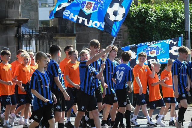 The 2024 Foyle Cup parade makes its way along Northland Road, towards Guildhall Square, on Monday morning. Photo: George Sweeney