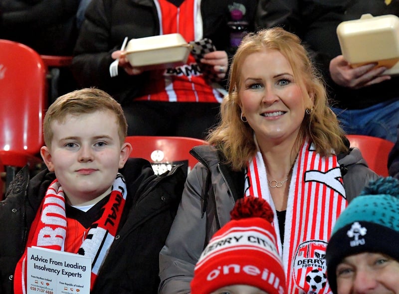 Derry City fans at the Ryan McBride Brandywell Stadium for the game against Dundalk on Friday evening last. Photo: George Sweeney. DER2310GS – 042