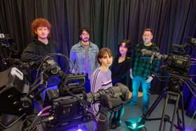 TJ Harvey Kelly, Benn Rahim-Anderson, Sophie McDaid and Eva Glenn pictured with Media Lecturer  Kevin Ward.