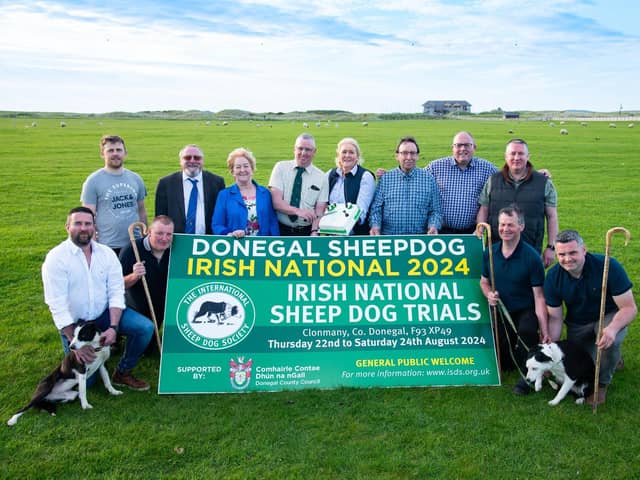 At the launch of the  Irish National Sheep Dog Trials 2024 which will take place in Clonmany, County Donegal on the 22nd to 24th August are from left  James McCloskey, Fly,  Denis Mullaney, Philip McLaughlin, Cllr.  John Shéamuis Ó Fearraigh, Cllr, Rena Donaghey, James McGee, Chairperson,  Karen McGee,  Cllr. Albert Doherty, Cllr. Michael McClafferty, Cllr. Johnny McGuinness, Bernard Doherty,  Nell and James Pat McDaid. Photo Clive Wasson