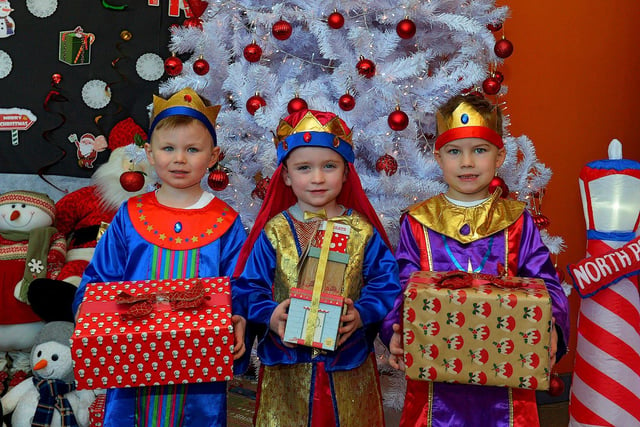 Pupils from Mrs Logue's P1 class at St Eithne's Primary School, who played the Three Wise Men at their Nativity Play on Wednesday for family and relatives. Photo: George Sweeney. DER2249GS - 09