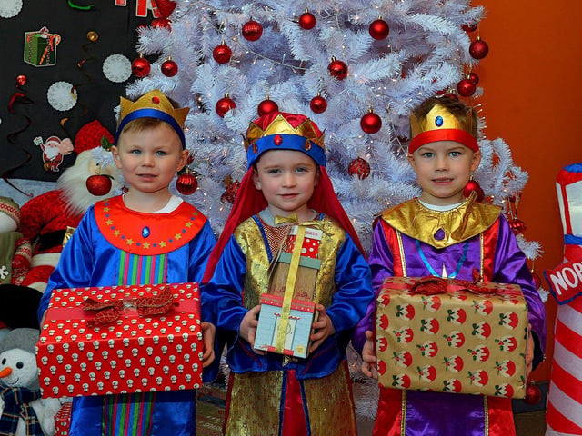 Pupils from Mrs Logue's P1 class at St Eithne's Primary School, who played the Three Wise Men at their Nativity Play on Wednesday for family and relatives. Photo: George Sweeney. DER2249GS - 09