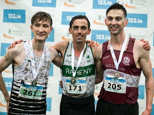 The senior men's podium, from left, second place Nick Griggs of CNDR Track AC, Antrim, race winner Brian Fay of Raheny Shamrock AC, Dublin,  and third place Cormac Dalton of Mullingar Harriers AC, Westmeath, during the 123.ie National Cross Country Championships at Templemore Sports Complex in Derry. Photo by Ramsey Cardy/Sportsfile