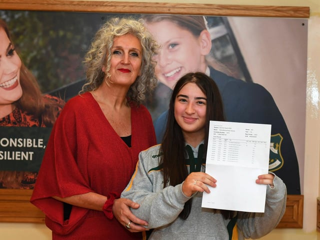Thornhill College principal Ms Mallett congratulates year 14 student Roma Doherty on her A Level results. Photo: George Sweeney