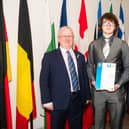 Secondary chool student Jay Curry  receiving his Rotary Youth Leadership Development award from Kenny Fisher, District Governor of Rotary Ireland and Patrick O’Riordan, Head of Public Affairs with the European Parliament in Ireland,  at an event at Europe House in Dublin recently. [Photo: Collette Creative Photography]