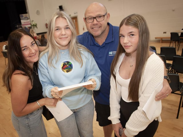 St. Mary's College student Ellie Donovan pictured with her mum and dad Clare and Collin and sister Katie after getting her GCSE results on Thursday. (Photos: Jim McCafferty Photogaphy)
