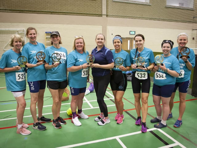 Aileen McGuinness, BBHF presenting ‘Try-A-Tri’ participants with their trophies at Templemore Sports Complex on Sunday.