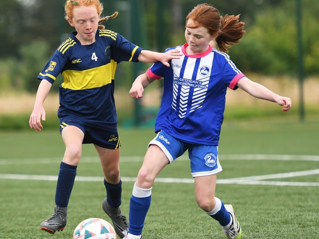 Action from the Girls under-10's match between Don Bosco's and Milford United during the O'Neills Foyle Cup at the Shared Village Centre.