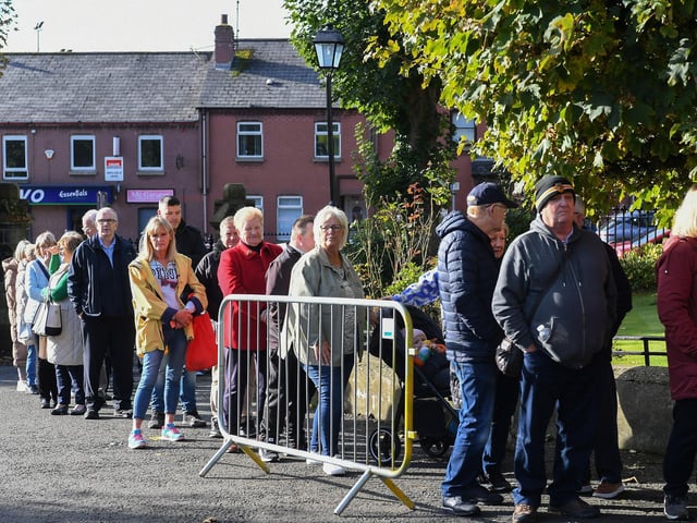 People queue for the veneration of the relics of St Bernadette at St Eugene’s Cathedral on Monday morning. Relics of the saint are being taken on pilgrimage to each of the 26 Catholic dioceses in Ireland. Photo: George Sweeney
