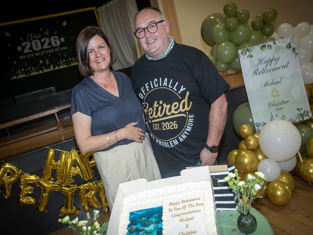 Retiring Vice Principal, Mr. Michael Bradley pictured with his wife Fionnuala during Monday's function in the Model Primary School.
