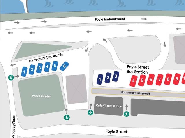 A new infographic showing the temporary layout of Foyle Street Bus Station that will become effective from August 12.