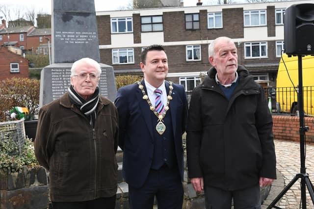 The Mayor, Councillor Ruairi McHugh, pictured with John Kelly and Gerry Duddy at the Bloody Sunday Memorial Service on Friday.