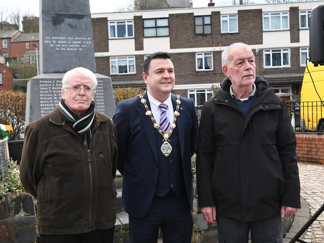The Mayor, Councillor Ruairi McHugh, pictured with John Kelly and Gerry Duddy at the Bloody Sunday Memorial Service on Friday.