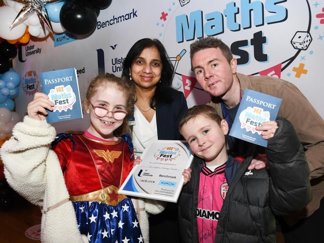 Sumeeta Gupta, event organiser, pictured with Joe Kennedy, teacher, pupils Abbaigh and Reuben from St. Eugene's Primary School at the Foyle Kumon NI Maths Fest in the Guildhall. : .