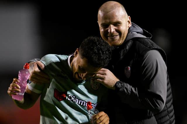Derry City interim manager Mark Connolly, right, congratulates Tyler Smith after the SSE Airtricity Men’s Premier Division match between Shelbourne and Derry City at Tolka Park in Dublin. Photo by Paul Phelan/Sportsfile