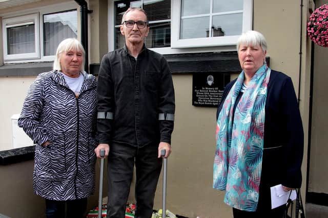 Hugh Brady with Kathleen Devenney and Margaret Brady, sisters of Daniel Hegarty pictured at the unveiling of a plaque to mark the 50th anniversary of his killing, by a British soldier, during Operation Motorman on July 31 1972. DER2231GS – 033