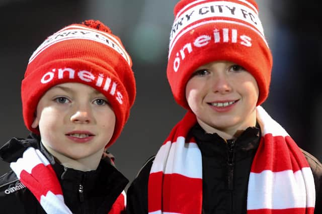 Derry City fans at the Presidents Cup final at Brandywell on Friday evening. Photo: George Sweeney. DER2307GS – 79