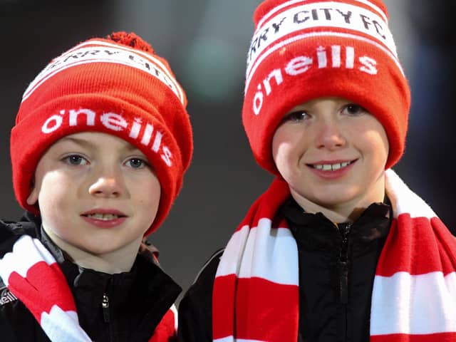 Derry City fans at the Presidents Cup final at Brandywell on Friday evening. Photo: George Sweeney. DER2307GS – 79