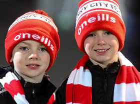 Derry City fans at the Presidents Cup final at Brandywell on Friday evening. Photo: George Sweeney. DER2307GS – 79
