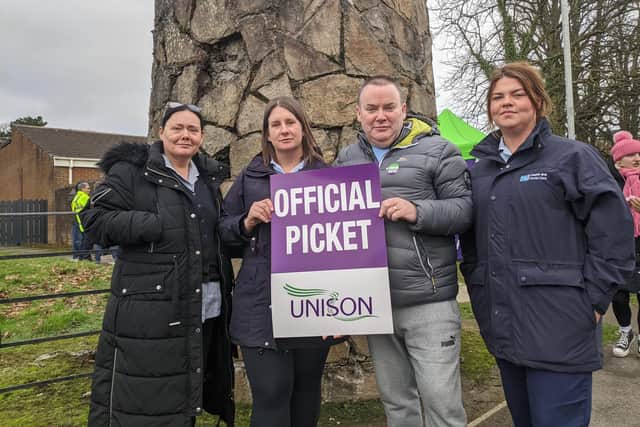 Health workers on the picket line at Altnagelvin on Thursday, including, on left, Carmen Brady-James, and, second from right, John Quinn.