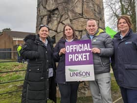 Health workers on the picket line at Altnagelvin on Thursday, including, on left,  Carmen Brady-James, and, second from right, John Quinn.
