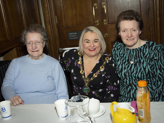 Pictured at Wednesday’s Mayor’s Tea Dance at the Guildhall are Margaret and Lorna McCarter with Mayor Sandra Duffy.:.