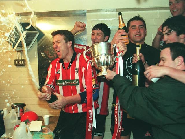 Liam Coyle celebrates winning the league title in 1997 - the last time the Candy Stripes lifted the Premier Division trophy.