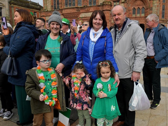People enjoy the atmosphere at the St Patrick’s Day in Guildhall Square on Friday afternoon. Photo: George Sweeney. DER2311GS – 31
