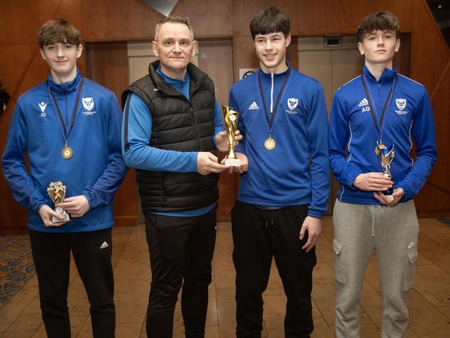 Some of the main prizewinners pictured with coach Paul Quinn. Front from left, Noah Deery, Ruairi O'Donnell and Aodhan Gibbons.
