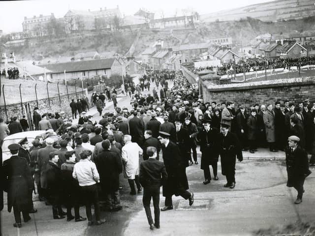 The tremendous interest in an Irish League game between Derry City and Linfield is reflected in this picture taken outside the ground half an hour before kickoff in 1966. The attendance was a record for an Irish League fixture at Brandywell.