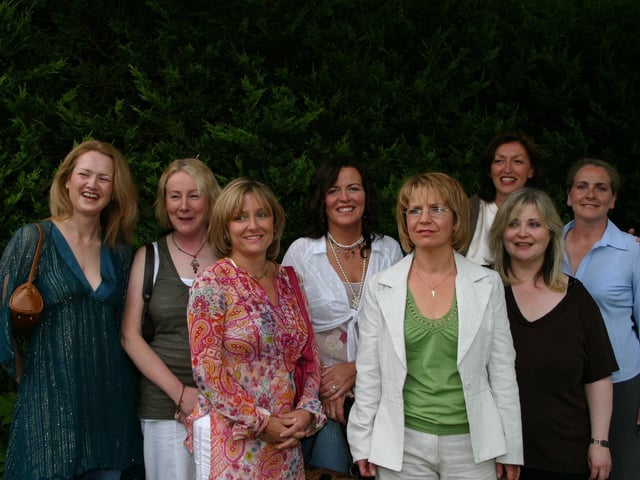 All smiles at the get together of the Thornhill Past Pupils Dinner at the Broomhill Hotel  left to right Mary O'Dwyer Denise McGrellis Lynn Johnston Marie Semple Leona English Charlotte Logue  Ann Logue and Marie Flangan 6340dd  : Thornhill 25 year reunion.