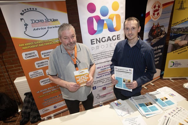 Pictured at the Dove House stall is Boby Qugley and at the Engage Project stall, Barry McCabe on Tuesday night.