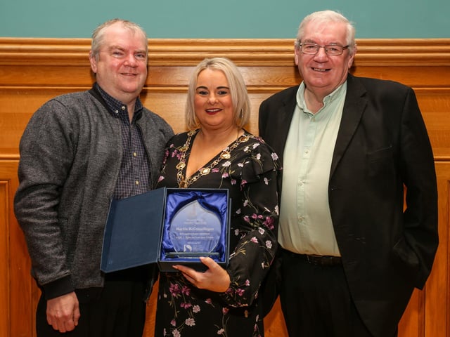 The Mayor of Derry City and Strabane, Councillor Sandra Duffy, making a presentation to Martin McConnellogue, at a reception in the Guildhall in recognition of his commitment to LGBT+ Rights and Trade Union Activism. Included is Martin’s brother, John McConnellogue.