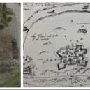 The surviving stump of the Round Tower, and  Dowcra’s sketch map of Derry, dated December 27, 1603.