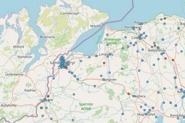 A map showing a cluster of accidents around Derry.