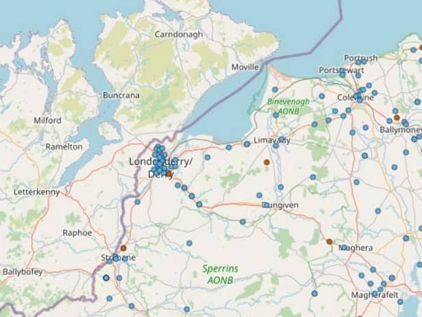 A map showing a cluster of accidents around Derry.