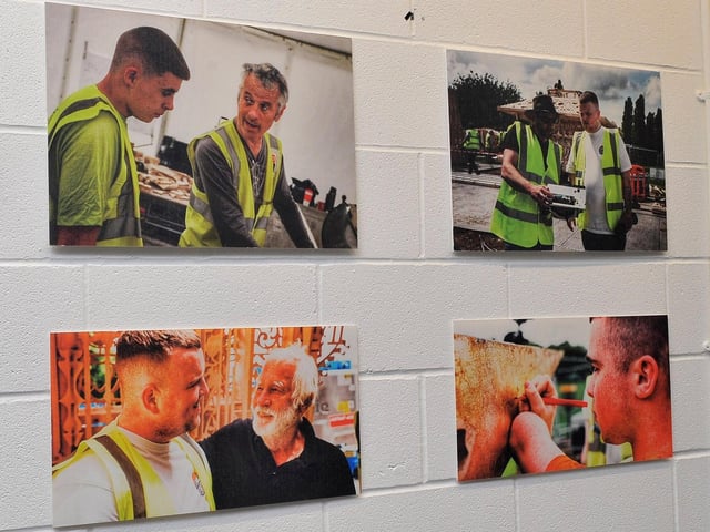 Photographs of young people from Derry helping to construct David Best’s temporary space of healing’ Sanctuary’ in Bedford, England, to commemorate those who lost their lives during the Covid – 19 pandemic exhibited in St Mary’s Youth Club at the film premiere of Ruairi Campbell’s ‘Sanctury’ on Wednesday evening last. Photo: George Sweeney. DER2308GS – 14