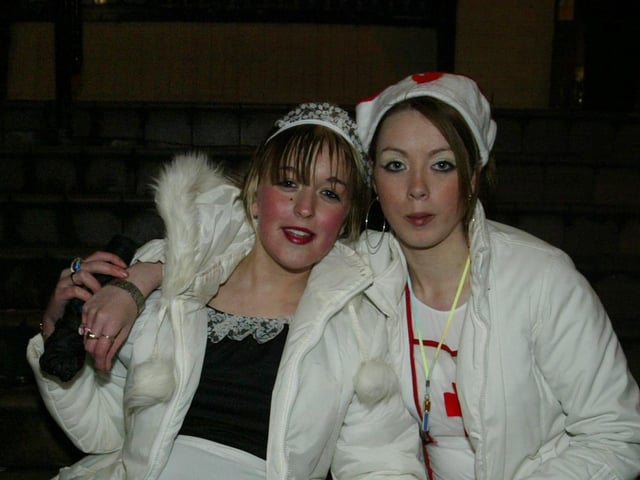 Kathleen McMenamin and Elaine Kaye await some casualties.  (0311JB32):20 YEARS ON: Halloween celebrations in Derry in 2003