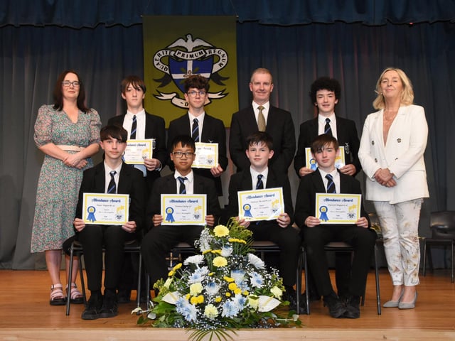 St. Columb’s College Year 9 Attendance Prizewinners 2022-2023 pictured with Mrs A L Kirby, Senior Teacher, Mr FJM Madden, Principal and Mrs M Burns, Year Head and Senior Teacher.