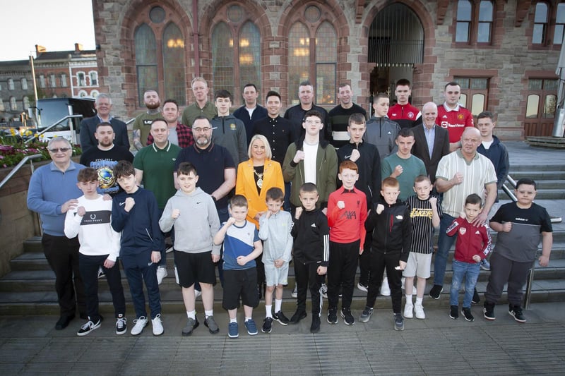 The Mayor Sandra Duffy pictured with members of the St. Joseph’s Boxing Club at the Guildhall on Thursday night last. The club recently celebrated its thirtieth birthday.