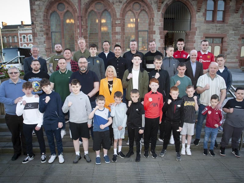 The Mayor Sandra Duffy pictured with members of the St. Joseph’s Boxing Club at the Guildhall on Thursday night last. The club recently celebrated its thirtieth birthday.