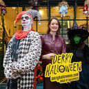 REPRO FREE 28/10/2024, Derry-Londonderry – Up to 900,000 viewers across GB will see the Derry Halloween festivities today (30th October) on ITV’s daytime TV show This Morning, with filming supported by Tourism Ireland. PIC SHOWS: (l-r) Celebrity chef Donal Skehan getting into the spirit of Derry Halloween; Alice Mansergh, Chief Executive of Tourism Ireland; and Winifred the Witch, on the ‘Awakening the Walled City Trail’ in Derry for ITV’s This Morning.   Pic – Lorcan Doherty (no repro fee) Further press info – Anne Marie Orr, Tourism Ireland tel: 07766 527719