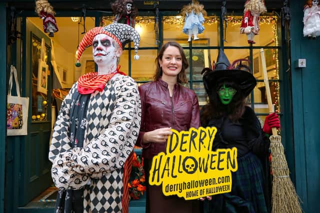 REPRO FREE 28/10/2024, Derry-Londonderry – Up to 900,000 viewers across GB will see the Derry Halloween festivities today (30th October) on ITV’s daytime TV show This Morning, with filming supported by Tourism Ireland. PIC SHOWS: (l-r) Celebrity chef Donal Skehan getting into the spirit of Derry Halloween; Alice Mansergh, Chief Executive of Tourism Ireland; and Winifred the Witch, on the ‘Awakening the Walled City Trail’ in Derry for ITV’s This Morning. Pic – Lorcan Doherty (no repro fee) Further press info – Anne Marie Orr, Tourism Ireland tel: 07766 527719