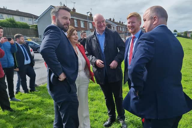 Colum Eastwood with, from left, Sinead McLaughlin MLA, Mark Durkan, Daniel McCrossan MLA and Colr Brian Tierney.