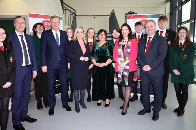 The First Minister, Michelle O’Neill and deputy First Minister, Emma Little-Pengelly pictured with students, Minister of Education, Paul Givan, Parliamentary Under Secretary of State at the Northern Ireland Office, Lord Caine, Principal St Mary’s, Limavady Rita Moore and Principal Limavady High School, Darren Mornin, at the official opening of the £11million Shared Education Campus in Limavady.