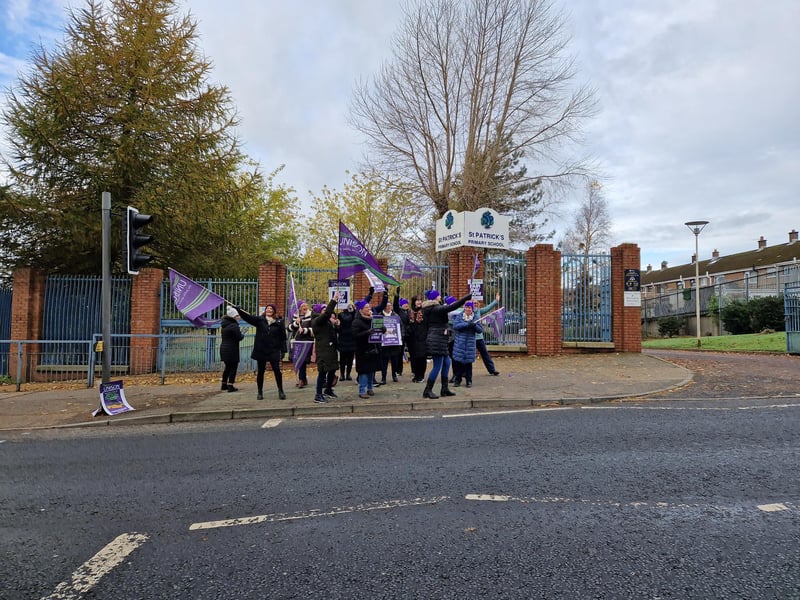 Non-teaching staff on strike outside St Patrick's Primary school.