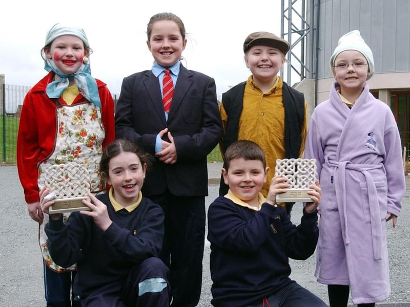 Pupils from Gaelscoil Éadain Mhóir, winners of the Clarity of Speech and Highly Commended awards at the Gael Linn Gradam na Féile 20023 held in Omagh. Front left are Deirbhile Ní Chearnaigh and Ethan Tyre. Back from left are Dearbhla Ní Choigligh, Coroin Li Ní Dhufaigh, Aoife Niamh Ní Cheallaigh and Nicole Ní Chleirigh.