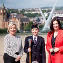 Pictured left to right are; First Minister Michelle O’Neill, Drum Major Jamie-Lee Wilson - Bready Ulster Scots Pipe Band and deputy First Minister Emma Little-Pengelly.